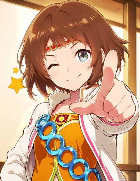 <lora:UsagaRuby_SDXL_Illustrious01_fp16_ver03:1>,1girl,solo,brown hair,short hair,grey eyes,circlet, ring shoulder sash,white coat,orange dress,upper body,  pointing at viewer, one eye closed, smile,newest,flat color,, masterpiece, best quality, very aesthetic, absurdres,<lora:detailed_hands:1>,hand