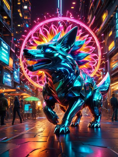 Psychedelic style A high definition epic photograph of (( A Stainless Steel Fox featuring a sleek exterior of polished stainless steel, equipped with thermal imaging sensors in its eyes to navigate through darkness and a tail that acts as an antenna for communication., Wearing inflatable dinosaur costumes while playing hopscotch in the middle of a crowded plaza, causing laughter and confusion among onlookers.)), Infront of Quantum Chromodynamic Forest: Subatomic interactions visualized as living environments. in the background.Coastal Erosion Events: Natural processes accelerated by storms or rising sea levels gradually wear away coastlines over time.(dynamic:1.1), sun rays,, (taken by 7.5mm fisheye lens:1.1),shots  showing emotions, shiny reflective metal, Mechanical elements, rainbow flare elements slightly.((Complex Machinery)) cyborg
 = ((Vivid, HDR, Canon50, 8K, Hyper Realistic, Dramatic, Epic, Dynamic Contrast, Cinematic Lighting, increased brightness)) (((Zoomed Out, Far away Shot))) = =. Epic dynamic lighting . =vibrant, highly detailed, psychedelic
((Vivid, Epic, Dynamic contrast)) (((Zoomed out, Far away shot, In frame)), 
<lora:juggernautXL_version6Rundiffusion:0.8> 
<lora:glowneon_xl_v1:0.6> glowneon, glowing, sparks, 
<lora:atlantysUltimanimeXL_atlasAtlantys:0.8><lora:epicrealismXL_v5Ultimate:0.8>
<lora:extremely_detailed:1>  <lora:eyetune:1>
<lora:TransformersStyleXL:0.8> TransformersStyle  <lora:SDXLFaeTastic2400:0.6> <lora:Dynamic Poses:0.8> <lora:crystalClearXL_ccxl:0.8>, - Generate images with sharp edges and fine details.
- Produce high-resolution images with no blurriness or distortions.
- Create images with clear and well-defined subjects.
- Ensure that the output images have crisp lines and distinct features.
- Generate images with vibrant colors and accurate tones.
- Avoid noise or artifacts in the generated images.
- Focus on producing clear textures and patterns in the images.
- Emphasize clarity and definition in all aspects of the generated images.
- Prioritize the sharpness and clarity of the main subjects in the images.
- Optimize the AI model to produce clear and visually appealing images., Wlop . Vibrant colors, swirling patterns, abstract forms, surreal, trippy