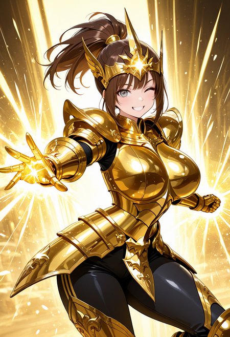 masterpiece,best quality,amazing quality, very aesthetic, ((outlined outlined vector graphics)), cute face, (glow eyes:0.5) ,  from front,  looking at viewer ,detailed background,
1girl,
20yo, brown hair, gray eyes, (large breast:1.1), (ponytail:1.1), medium hair,(curvy:1.1),bangs,
,solo,cute face,
smile, grin, wink   ,  gold armor, golden-mythril-armor , headwear , glowing, glittering , fantasy, glimmering , pants , action pose, clothed <lora:golden-mythril-armor-il-01:0.8>