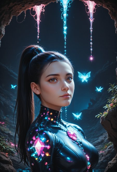 score_9,score_8_up,score_7_up, sorce_real, 8k, hd, (1 girl, brown eyes, high ponytail, bioluminescent latex suit, seij, <lora:Seij-000001:1>), cute and mischievous, black suit, purple details, neon colored glowing particles in the black skin, black skin with neon pink bioluminescence, cinematic light, looking at viewer, dark, night, mysterious atmosphere, floating hearts, beautiful  creatures, flies through a dark stalactite cave at night, bioluminescent icicles on the walls, everything is shrouded in darkness.  <lora:SDXLFaeTastic2400:0.7>, cave by Jed-Cosmos  <lora:Jed-Cosmos-sdxl:0.4>  <lora:ral-swarcrystl-sdxl:0.5> multicolored gemstones made of ral-swarcrystl, black gloves with glowing jewels, upper body, side view