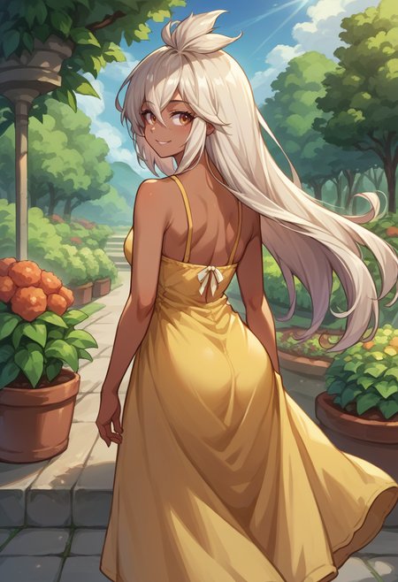 score_9, score_8_up, source_anime, 1girl, solo, Zooey, dark skin, long hair, ahoge, from behind, yellow sundress, garden, day, sunshine, smile, looking back <lora:ChamZooeyGBPonyXL:1>