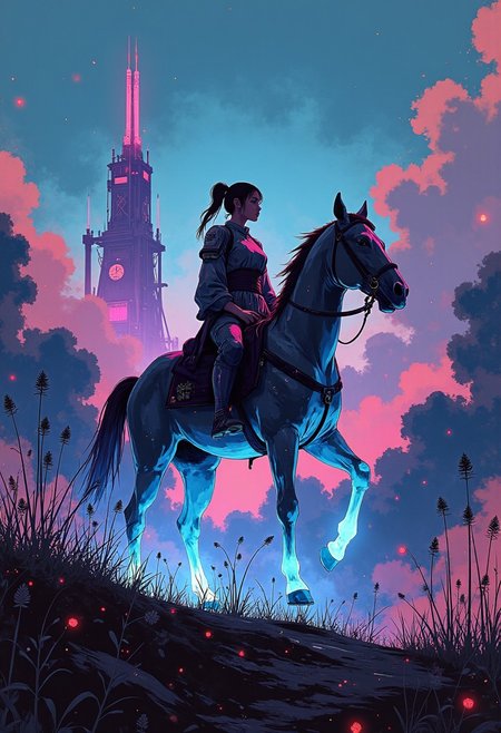 A neon knight rides through a dystopian landscape on a glowing, holographic horse. Her armor shifts colors with each step, and the digital landscape around her glitches as she gallops toward a massive, ominous tower.