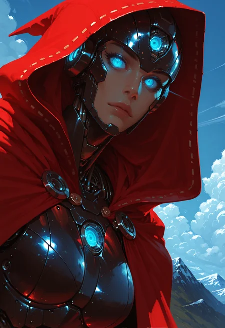 1girl, blue eyes, solo, sky, robot, cloud, looking at viewer, outdoors, android, red cape, helmet, science fiction, day, lips, cape, upper body, blue sky, mountain, humanoid robot, red cloak, hood, animification, glowing eyes, robot girl, masterwork, masterpiece, best quality, dynamic lighting , dynamic pose,,  dynamic angle, , , (realistic:1.2), (lineless:1.2), detailed, <lora:Detailer_NoobAI_Incrs_v1:1>, , aged up, adult, depth of field, dynamic lighting, blurry, cheekbones