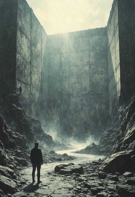 Low-angle perspective DSLR photo of a massive, infinitely wide, minimalist brutalist concrete dam, awe-inspiring scale and width dimensions, vertigo angle, a person appears tiny compared to the enormous size of the dam, in the style of brutalist architecture, aerial view, realistic hyper-detail, dramatic lighting and ominous soft shadows, godrays and mist, Fujifilm Pro 400H.,  <lora:models\Flux\CPA:0.6> anime cyberpunk, <lora:models\Flux\Mezzotint_Artstyle_for_Flux_-_by_Ethanar:0.65>, ,