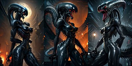 (otherworldly), highly insanely detailed, masterpiece, top quality, best quality, highres, 4k, 8k, RAW photo, (very aesthetic, beautiful and aesthetic), 
__lazy-wildcards/cosplay-char/alien-predator/xenomorph/prompts__, 
<lora:FemXeno:0.8>, 
(1girl:1.3), eyes focus, 
__lazy-wildcards/dataset/background__,âââ