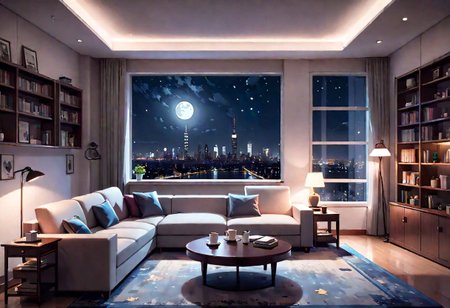 ((front view)), Shallow scene, ((animation style)), modern-style interior, with white walls, (large windows), a  study, Sofa, coffee table, bookcase, single wall, (gloomy room), Turn off the indoor lights and turn on only the desk lamp, quiet and mysterious night sky, starry sky, moonlight, city night view, (City high-rise building scenery), (City scenery outside the window)
