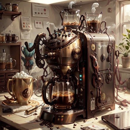 <lora:bronzepunkai2:.9> bronzepunkai, coffee machine