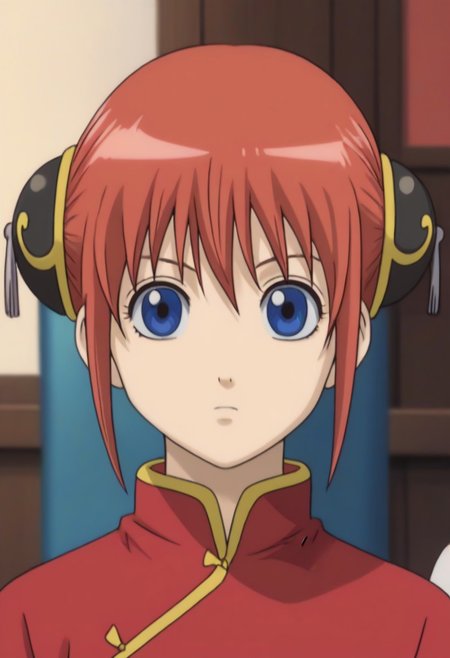<lora:Kagura:0.8>blue eyes, red hair, Kagura red cheongsam with yellow piping outfit, Chinese clothes, double bun, bun cover, China dress,