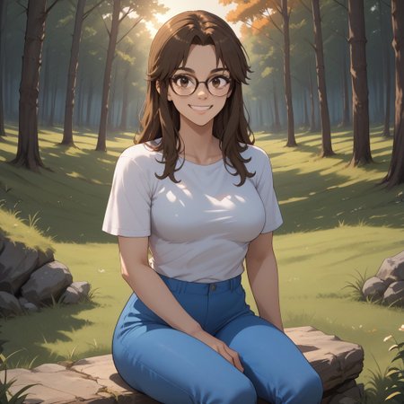 score_9, score_8, BREAK, solo, brown hair, long hair, brown eyes, glasses, white shirt, breasts, blue pants, sandals, Abigail Alburton, sexy pose, self portrait, smile, outdoors, sunlight, shadows, evening lighting, natural lighting, forest, trees, grass, orange sky, sunset