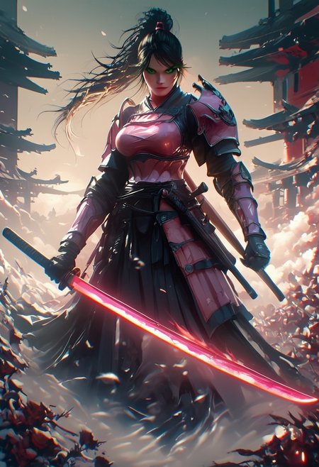 score_9, score_8_up, score_7_up, hkwarrior, Inkblast, A warrior holding a sword, realistic, female, large breasts, pink armor, full body, perfect face, beautiful face, long black hair,  straight hair, ponytail, perfect eyes, perfecteyes, green eyes, detailed background, in combat, warriors fighting around her,