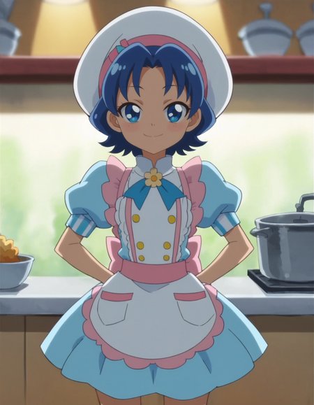 score_9, score_8_up, score_7_up, anime screencap, solo,1girl, tategamiaoi,smile,  hat,  apron, dress,puffy short sleeve,looking at viewer,cowboy shot,small breasts,<lora:tategamiaoi:0.8>