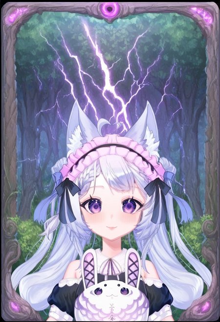score_9,score_8_up,score_7_up, source_anime,
hyper-detailed, masterpiece, best quality,
(simfonira, source_reference),source_screen_good, model_type_fox,ears_fox, outfit_maid,maid, hair_tails,twintails, long hair, hair bow,  eyes_purple,purple eyes,
upper body,
Card, Tarot, graphic border, Illustrative,
pink atmosphere, obsidian stone, skeuomorphic, detailed,
Smiling eyes,
forest background,
Lustful personality, 
Jewelry, Extravagant, Shoulderless,
side view,
glowneon, glowing, lightning
