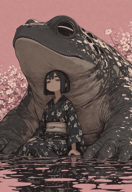 1girl, no expression, riding a giant frog, sitting sideways, dynamic pose, girl has pitch black pupils, thick eyebrows, bored look, eyebrows neutral, japanese pond, tired, black circles below eyes, bobcut, flat bangs, light reflecting on skin, shoulder length hair, hair between eyes, black hair, flower pattern kimono, intense lighting, sunny, depth of field, intense lines, local color adaptation, sketched background, dithering pink background,