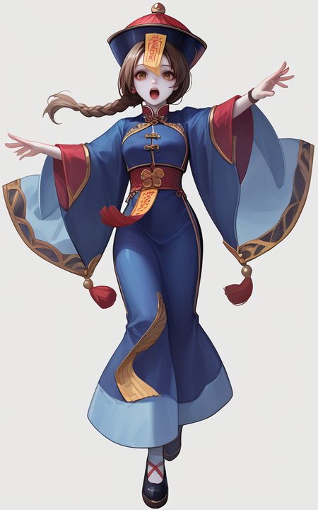 score_9,score_8_up,score_7_up,
<lora:jiangshiPony:1>,
jiangshi,1girl,solo,hat,braid,brown hair,qing guanmao,long hair,full body,pale skin,chinese clothes,colored skin,open mouth,outstretched arms,ofuda,white background,single braid,braided ponytail,brown eyes,simple background,looking at viewer,transparent background,zombie pose,