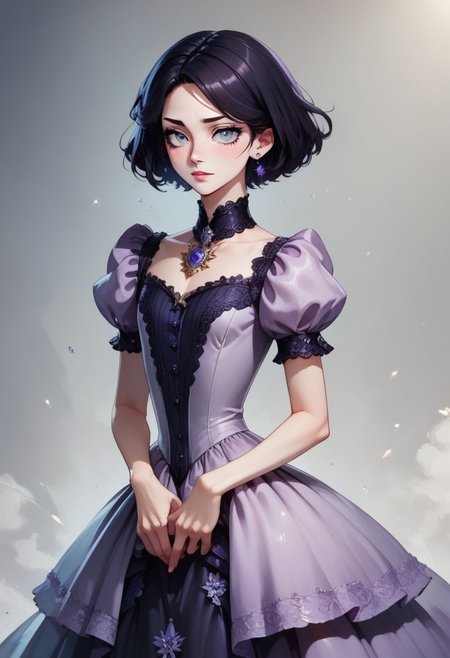 score_9, score_8_up, score_7_up, 1boy, femboy, otoko no ko, short hair, bob cut hair, black hair, grey eyes, gray eyes, feminine face, toned body, Shelly, purple victorian dress, black lace, layered dress, bustle, satin, highly detailed, intricate, zzCitronCAT, pose, modelshoot
