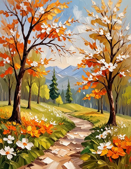 novuschroma25 style impasto spring landscape with trees  <lora:novuschroma25 style_light:1>, <lora:sdxl_lightning_8step_lora:1>