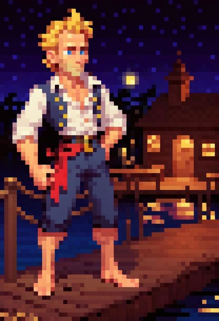 pixel art PixArFK
lucasarts style,  
guybrush threepwood 
  standing on a dock at night,
masterpiece, best quality, high quality,