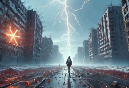 Chernobyl disaster, The nuclear power plant was destroyed after the explosion , Intercontinental ballistic missile Nuclear weapon, Russian alphabet, Apocalypse,girl,  fire,  glowing x, minimalist short outfit, anti social , running, falling snow, cyberpunk ruined ancient city, intricate details,8k post production, faithful, Religious denomination, cinematic color