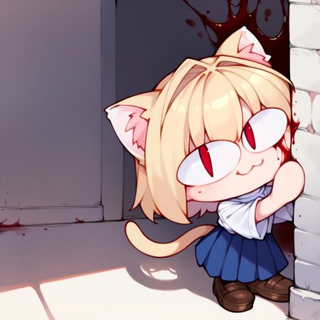 <lora:PeekingOut_pdxl_Incrs_v1:1>, ng_deepnegative_v1_64t, score_9, score_8_up, score_7_up, Expressiveh, very detailed, white outline, arms crossed, smug, high quality, necoarc, blonde hair, red eyes, slit pupils, cat ears, :3, chibi, turtleneck, tail, close up, white shirt, blue skirt, pleated skirt, pantyhose, brown footwear, circle hands, peeking out, blood on cheek, blood on wall, blood peeking out, shadow with evil face