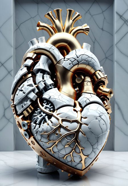 a young woman clutches her mechanical heart in her chest which is rendered in Greys anatomical style with bolts and screws and steampunk valves, it has broken, a small bit of steam escapes from a valve, and the cracks fill with gold and she turns to marble, 
statue, sculpture, heart art, bhands