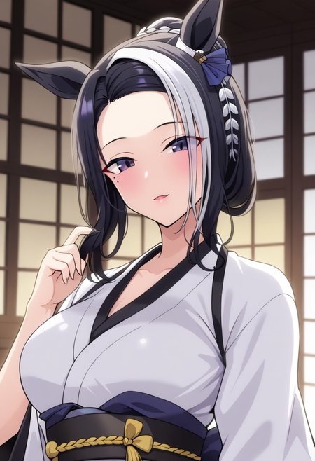 18 years old ,women,solo,1girl,nsfw,
rmnsd, horse girl, multicolored hair, streaked hair, ear ornament, mole under eye saimin.il,
saimin, tsubaki,  white clothes, white kimono, 
clothed girl, kimono,