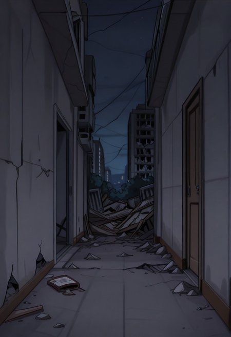 masterpiece, best quality,
 <lora:Inusen:1>
1n0s3n, nobody on screen, apartament exterior destroyed background, drawned in inusen style, night, dutch angle of an exterior corridor from a apartment building,