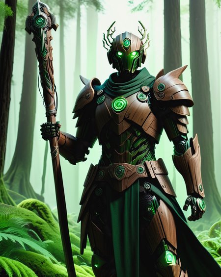 cinematic still photography, full body view, a wandering wooden android warrior that is a combination of wood and micro electronics, glowing green eyes, (his armor has electronic green glowing veins:1.3), he holds an ancient scimitar at the ready, one ancient scimitar is strapped to his back, set in a mystical bioluminescent forrest surrounds him, ultra wide shot, deep depth of field, 8k, uhd, intricate details, <lora:sd_xl_dpo_lora_v1:1.0>,  <lora:NaturePunk_SDXL:0.7>, Naturepunk,