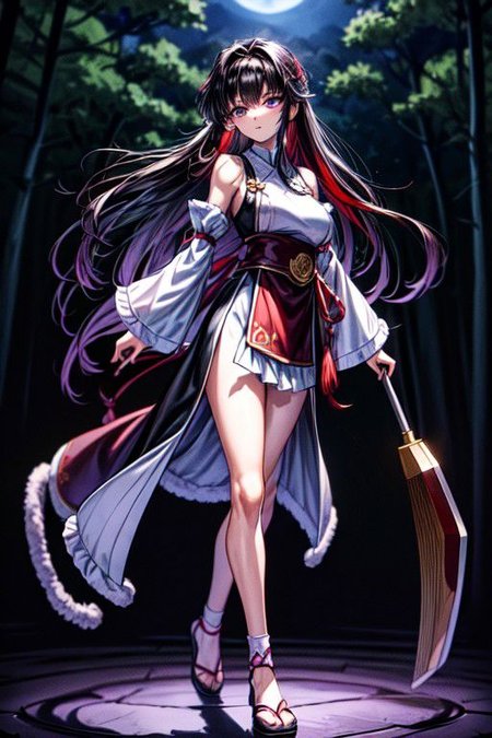 masterpiece,  best quality 1girl Setsun4 solo long hair,  (night time) forest background black hair very long hair purple eyes multicolored hair armor (fur trim) (medium body),<lora:EMS-179-EMS:0.800000>,<lora:EMS-293862-EMS:0.800000>ascot, bare shoulders, black footwear, detached sleeves, embellished costume, frills, japanese clothes, nontraditional miko, armor, miko