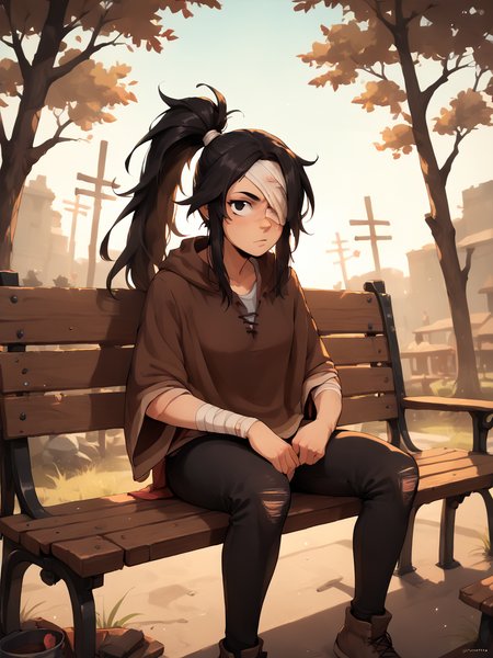 score_9, score_8_up, score_7_up,  score_6_up, BREAK, BudArmstrong, solo, 1girl, long hair, black hair, ponytail, black eyes, bandage over one eye, bandaged arm, one eye covered, in the forest, bench, sitting on a bench, looking at viewer  <lora:Buddy_Armstrong:0.9>