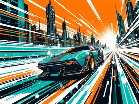 car speeding through futuristic city, mad-cbrpnksplshrt, striped background, paint splashes, outrun <lora:Neon_Cyberpunk_Splash_Art_FLUX:0.8>