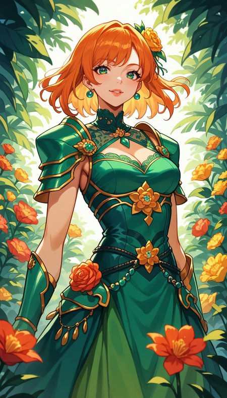 score_9, score_8_up, score_7_up, Anime Style, Cowboy Shot, girl, cute, seductive, innocent, light smile:0.3, plump lips, slender body, flower dress, colorful, flower armor, green theme, teal and orange:0.85, dim colors, low saturation, depth of field, dynamic angle, fashion photography, sharp, hyperdetailed:1.15