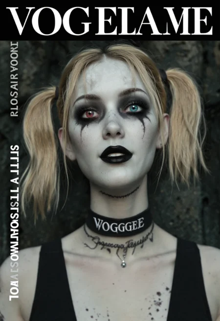 zombie paladin, vogue cover, editorial photography, blonde, twintails, grey skin, pale, heterochromia, makeup, choker, (smile:0.65)  <lora:character\p_JeanetteVoerman>