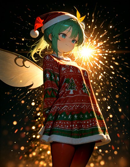 Christmas, dress, red pantyhose ,santa_hat ,Christmas sweater,
1girl, solo, daiyousei,happy, soft lighting,
masterpiece, best quality, amazing quality, very aesthetic, absurdres,  newest, (volumetric lighting),
<lora:world_christmassweater:0.5>,<lora:cfg_scale_boost:0.5>, <lora:ponyv5_noobE11_1_adamW:0.5>, <lora:illustrious_noobai_epsilon_pred_1_best_quality_v1:0.5> ,<lora:illustrious_noobai_epsilon_pred_1_masterpieces_v1:0.5> ,<lora:illustrious_noobai_epsilon_pred_11_very_aesthetic_v1:0.5>