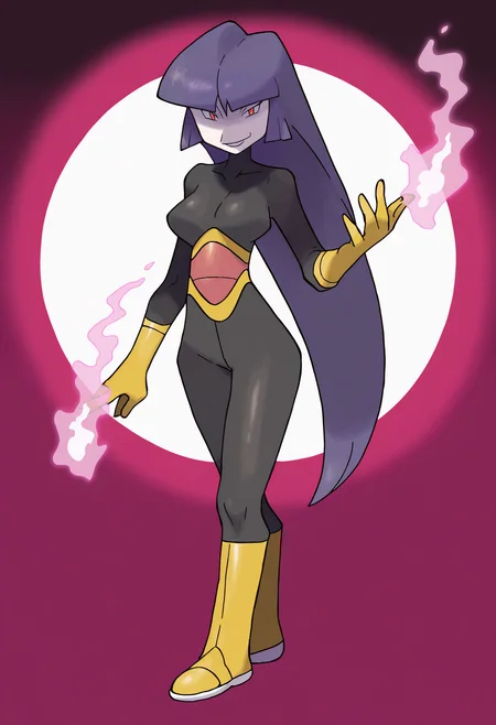 sugimori ken,
best quality, amazing quality, very aesthetic, absurdres,
1girl, solo, sabrina /(pokemon/), red eyes, dark purple hair, red and black bodysuit, boots,
telekinesis powers,
smirk, looking at viewer, simple background, white background  <lora:KenSugimoriIllustriousLocon_byKonan:1>