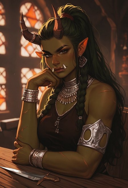 score_9, score_8_up, score_7_up, score_6_up, 
(1girl, solo, lap dancer)
black eyes, broad-shouldered body type, medium breasts, dark green skin, serious expression, long hair, high ponytail, dark green hair streaked with red, woven leather top, jagged metal bracelets, orcish tusks prominent, sitting posture with legs apart, smoky tavern with low lighting, rough wooden furniture, battle scars across arms, dagger held loosely in hand, flames from nearby torches, thick braids over shoulders, drinking horn resting on table, gritty and rugged atmosphere, confident and imposing aura.