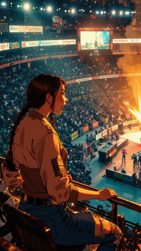 Niji_anime, High-resolution anime-style illustration with bold painterly textures, dramatic lighting, and an electric atmosphere. A young woman sits in the crowded stands of a massive arena, bathed in the golden glow of floodlights illuminating the spectacle below. Her long, dark brown hair is styled into sleek twin braids, a few loose strands framing her excited, wide-eyed expression. She wears a stylish cropped bomber jacket over a fitted tank top, paired with high-waisted ripped jeans and sleek sneakers. Her fingers grip the metal railing in front of her as she leans forward, fully immersed in the intense action happening below. The deafening roar of the crowd, flickering holographic screens, and bright sponsor banners create a chaotic yet thrilling backdrop. Sparks fly from the battlefield, and a wave of cheers erupts as the match reaches its climax. Painterly deep blues, fiery oranges, and neon accents blend together, capturing the adrenaline-fueled energy of the arena.   <lora:Anime_Art_V3:0.7000000000000001> <lora:Evangelion_Post-impact_Apocalyptic_Style_Flux.1_D_by_AutoPastel-000019:0.9> <lora:Niji_anime_style_flux:0.6>