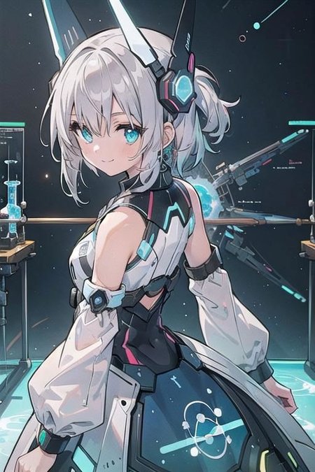 (masterpiece), (science fiction:1.4), 1girl, her back turned, smile, silver hair, aqua eyes, headgear, long sleeves, detached sleeves, glowing energy clothing, light particles
