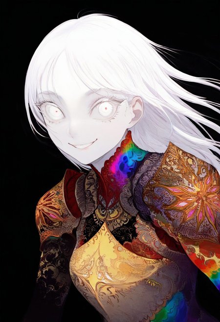 solo, looking at viewer, white eyes, upper body, black background, 1girl, long white hair, extremely pale skin, rainbow armor, smiling, close up, masterpiece, best quality, very aesthetic, absurdres
 <lora:monfornoob:0.95>