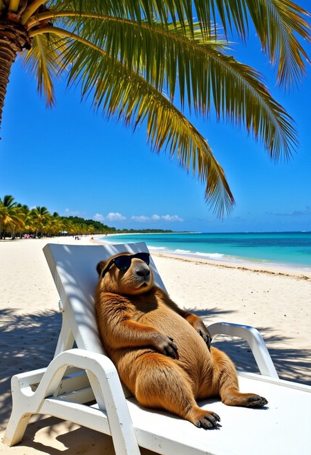 A capybara lounges casually on a beach chair under the shade of a palm tree. The capybara is wearing stylish sunglasses, its posture exuding a laid-back, carefree attitude. (Golden ratio:1.2) balances the composition, with the background showing a tropical beach, [saturated blue skies] and [vivid ocean waters]. The creature's fur reflects (soft lighting), enhancing texture, while the (rule of space) allows the subject to breathe within the image. The (negative space) in the background amplifies the relaxing atmosphere, with palm trees swaying gently in the distance. (warm brown tones) dominate the scene, adding a sense of warmth and comfort, while (perspective) creates depth, making the capybara the focal point.