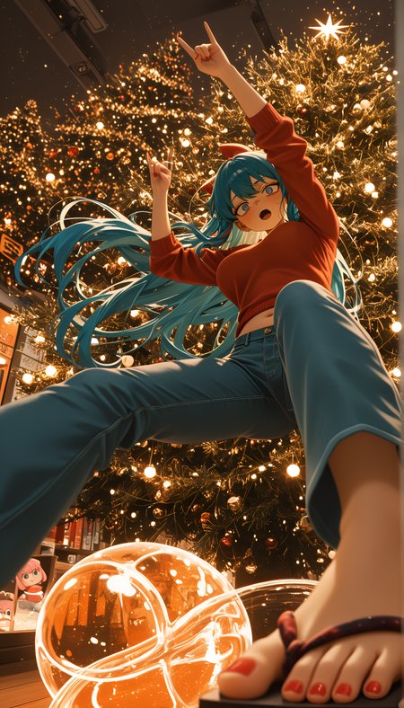 slime_(creature), barefoot, streaked hair, masterpiece, ultra-detailed, writing_gesture, geta, fox_girl, very aesthetic, close-up, vhs tape aesthetic, 1girl, moonlit, 2boys, Worm's eye view, Medusa, Wellhead completion site ("Christmas tree" visible), long hair, Orange Theme, medium breasts, motion_blur:1.1, possessed expression, motion_lines:1.1, hair_bow, depth of field, slim body, newest, blurry foreground, absolutely eye-catching, 8K, anime character, nail_polish, sagging breasts, Electric blue hair, neon lights, Dawn, best quality, wide-leg_jeans, ray_tracing, Anya Forger (Spy x Family), ambient occlusion, RTX, dark skin, cropped_kimono_sweater, absurdres, amazing quality