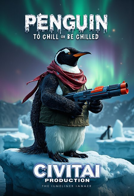 The movie's title, \"PENGUIN - FIRST BLOOD,"\ blazes across the top in font mimicking dripping icicles. Beneath it, a tagline proclaims: \"To chill or be chilled"\
A striking movie poster dominates the frame, featuring a muscular emperor penguin dressed in full Rambo attire, standing atop an Antarctic ice floe. The penguin's eyes burn with fierce determination beneath a tattered red bandana, its sleek black and white feathers contrasting sharply with the olive-drab tank top stretched across its barrel chest. Glistening with perspiration, the penguin's flipper grips a massive (Nerf Gun:1.9).
The background explodes with surreal imagery: icebergs melt into Dali-esque shapes, their reflections rippling in technicolor pools. The sky above is a swirling vortex of Aurora Australis, streaked with impossible hues of purple, green, and gold.
At the bottom of the poster, set against a metallic, frosted backdrop, \"CIVITAI PRODUCTION - coming soon"\ stands out in bold, capitalized letters. The text has a 3D effect, seeming to leap off the poster, with a subtle blue glow outlining each character, hinting at the advanced AI technology behind this extraordinary cinematic venture.