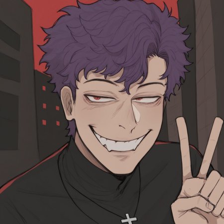 1boy, solo, purple hair, short hair, tan skin, red eyes, canines, grin, open eyes, hand, evil, light tan skin, v, building backgroung, cross necklace, black turtleneck, , niko_style

,
,
easynegative
,
 niko_style