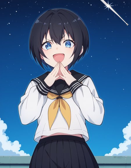 score_9, score_8_up, score_7_up, source_anime, <lora:dimensionalseduction-nonoa-s1-ponyxl-lora-nochekaiser_r1:1>, nonoa, short hair, blue eyes, black hair, mature female,, skirt, shirt, long sleeves, school uniform, pleated skirt, serafuku, black skirt, sailor collar, neckerchief, black sailor collar, yellow neckerchief,, observatory, telescope, stars, space, roof, smile, <lora:ojou-sama-pose-ponyxl-lora-nochekaiser:1>, ojou-sama pose, laughing, smug, hand to own mouth, open mouth,, looking at viewer, solo,, dutch angle, cowboy shot