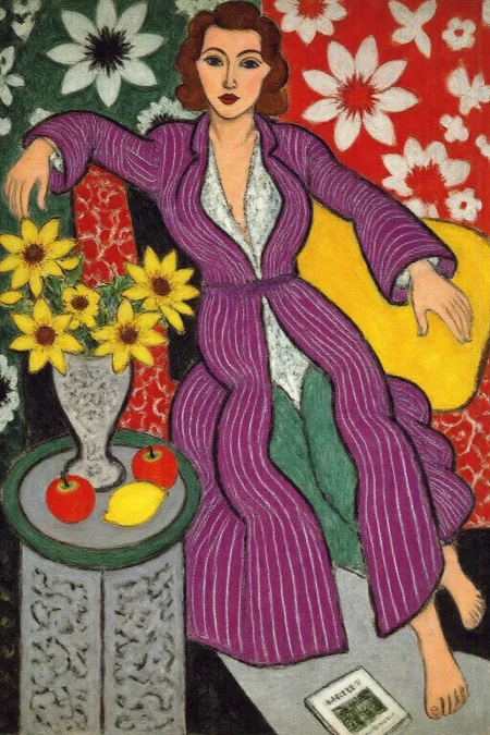 henrimatisse1 painting. 
A woman dressed in a striped purple robe, sitting on a couch. The woman's posture is relaxed, with one arm extended and the other resting on the back of the couch. Her other arm is resting on a yellow pillow. Her hair is style into curls. On the right is a small table with a circular design, with a vase filled with yellow flowers, two red apples, and a lemon on top. There is a book visible on the floor. The background features a mix of abstract patterns and floral designs in red, white, and green hues. <lora:henrimatisse1_f16e11:1.0><lora:870736431557945904:0>