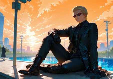 IllusP0s, PonyScores7, source_anime, ah1, IllustriousQual, interesting, exciting, spectacular, wonderful, amazing quality, absolutely eye-catching,  
BREAK <lora:xl_more_art-full_v1:0.2>, <lora:aesthetic_anime_v1s:0.2>, <lora:EpicF4nta5yXL:0.2>, <lora:detailxl:0.2>, detailxl, <lora:Fant5yP0ny:0.2>, amazing quality, best aesthetic, absurdres, illustration, Volumetric_Lighting, ultra-detailed, very aesthetic, intricate details, best_quality, lazympos, <lora:Add_Details_v1.2:0.2>, <lora:quality_modifiers_masterpieces_v1:0.2>, <lora:ZootPonyAnime_V1_r2:0.2>, <lora:Bestifacator2:0.2>, anime style,
BREAK ((sitting)),
BREAK Stable_Yogis_PDXL_Positives, AS-Adult, <lora:Complicated fantasy portrait - XL Pony V2.0:0.2>, <lora:HDA_Detailer:0.3>, AS-MidAged, ((classic Vintage fashion style, inspired by timeless designs, features elegant silhouettes, rich fabrics, and vintage accessories, embodying a sense of nostalgia and sophistication)),
BREAK (((<lora:albertwesker-guy-PONYv1:0.8>, albertwesker, 1boy, toned, athletic, fit, mature male))), <lora:shinyskin2:0.2>, glistening skin, <lora:perfection style:0.2>, perfection style, perfection, 
BREAK ((black gloves, watch, belt, black coat, black pants, black turtleneck, zipper, black boots)), ((sunglasses:1.3)), 
BREAK ((slicked back hair, (short hair:1.7), blonde)), <lora:hairdetailpxl:0.2>, hairdetailpxl, 
BREAK ((angular face, sharp_featured face, handsome, charming, alluring)), red eyes, glowing eyes, expressive eyes, <lora:perfect-eyes:0.4>, perfecteyes, EyesHD, <lora:DetailedEyes_xl_bdsqlsz_V1:0.2>, <lora:Eyes_Lora_Pony_Perfect_eyes:0.2>, <lora:focusoneyes:0.2>, <lora:cinematic eye color style illustrious v1:0.2>, <lora:Eyes_High_Definition:0.2>, EyesHD,
BREAK ((an expression of disappointment)), <lora:Expressive_H:0.2>, Expressiveh, <lora:Emotional_Anime_Expressions_PonyXL_Concept:0.2>, emotional, <lora:Best_Facial_Expression_LoRA_PONY:0.2>, looking at viewer, <lora:Detailed expressive EXEV style -XL Pony V1.0:0.2>, FaceDetail,
BREAK (((<lora:Dream_Lounge_IL:0.6>, Dream Lounge, Dream Sky backgrounds, orange sky, outdoors, pool, power lines, railing, sky, skyscraper))), <lora:Background Detailer - SDXL:0.2>, 4k, 8k, Ultra HD, Masterpiece, Best quality, Detailed background, <lora:Add_more_details_V2_XLpony:0.2> full_details, <lora:background-type1:0.2>, <lora:AddMicroDetails_Illustrious:0.2>, addmicrodetails, SmoothNoob_Quality,