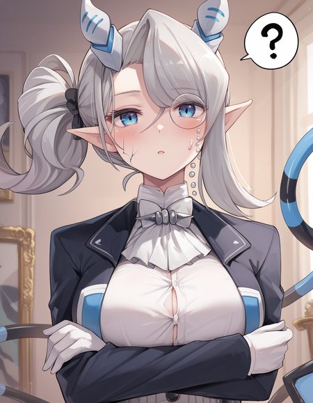 (score_9:0.9),score_8_up,score_7_up,rating_safe,(zPDXL3),(zPDXL),
masterpiece,intricate details,anime,4k,best quality,anime style,
<lora:arias the labrynth butler PonyXL v1:0.82>,
arias the labrynth butler,1girl,blush,large breasts,looking at viewer,monocle,white shirt,upper body,solo,butler,crossed arms,demon girl,white gloves,white ascot,scar,sweatdrop,demon tail,head tilt,?,