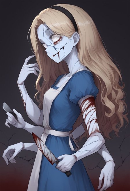 score_9, score_7_up, score_8_up, source_anime, 1girl, blood stains, cute,  beautiful, (tall:1.6), giant, arched back, yoga pose, skinny, white skin, (cracked skin:1.5), Shiny Skin, creepy smile, curly hair, (hyper iris:1.0), white eyes, blue dress, pantyhose, apron, blonde, black hairband, distorted, dark shadows, closeup, swirling eyes, csr style, multiple arms, (horror smile:1.0), empty mouth, bedroom, darkness, horror, (arching back:1.6), from side, upper body,holding, multiple knifes, holding knife, kitchen knife, close-up, Blood, gore,many blood, pool of blood, blood stains, stained with blood, multiple arms, extra arms, anatomically correct, extra sleeves, hunched back, long spine, skinny limbs,