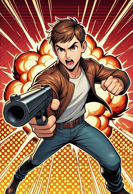 <lora:halftone_dot_pattern:1.0> , halftone_pattern,  male, 1boy, action pose, dynamic background, explosion, epic, portrait, white outline, human, gun fight