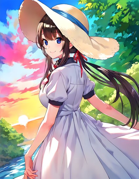 <lora:pony_xl_karin:0.9>,karin,score_9,score_8_up,score_7_up,source_anime,1girl,solo,white headwear,sun hat,hat ribbon,white dress,collared dress,black collar,short sleeves,neck ribbon,nature,day,sky,cowboy_shot,looking_back,smile,:d,