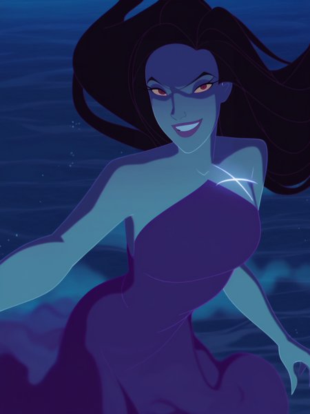 score_9, score_8_up, score_7_up, 1girl, leaning forward, on sea, night, smile, looking at viewer, smile, cowboy shot, (dynamic pose:1.1), dynamic angle, sexually suggestive,
 <lora:ASinbadEris_character:1>, ErisXLP, long hair, black hair, colored skin, red eyes, strapless, dress, blue skin, anime screencap,